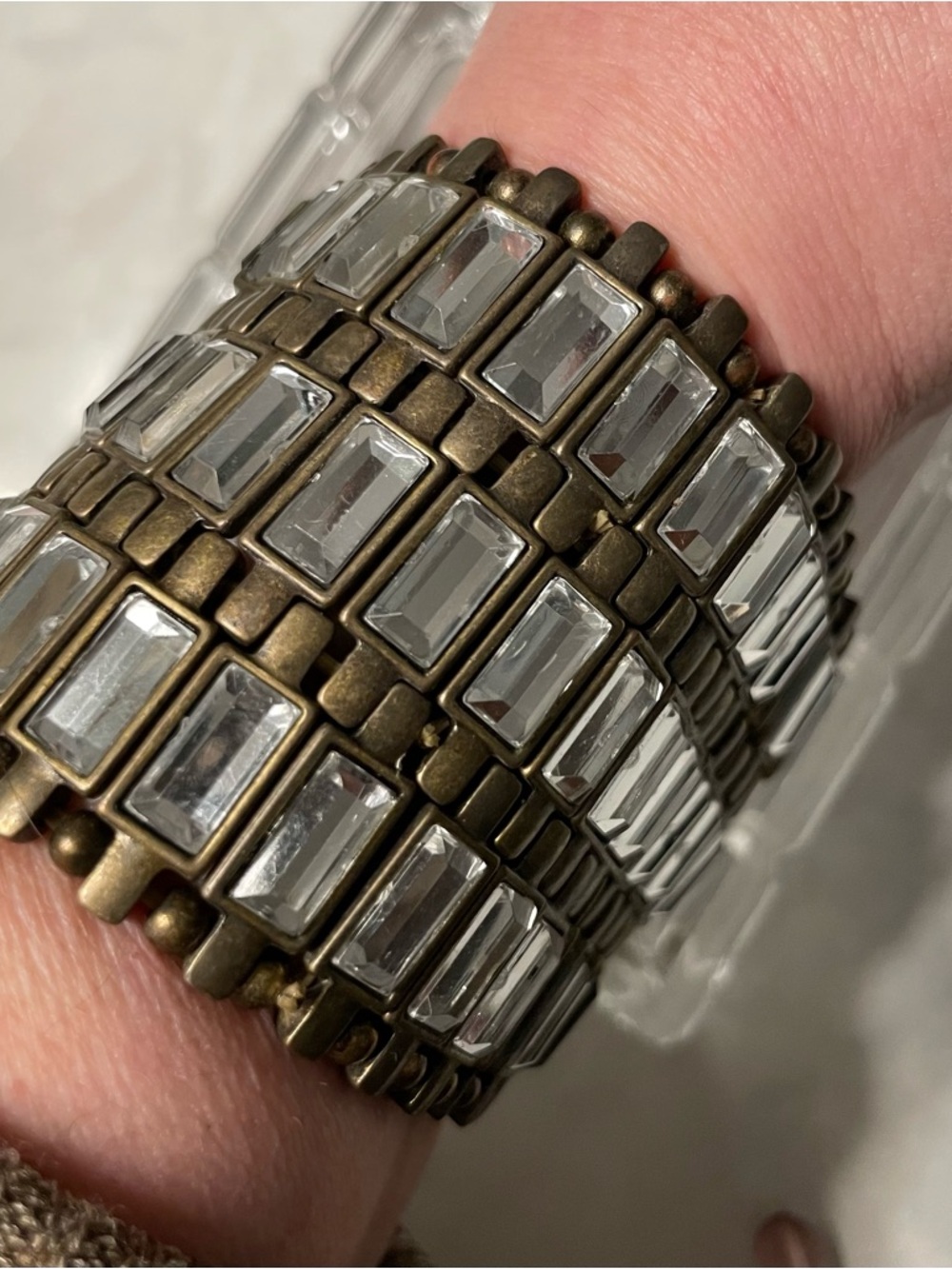 Vintage Inspired Clear Crystal Stretch Bracelet Brass Finish
